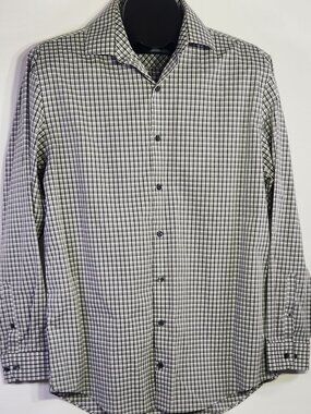 Kenneth Cole Men's Size 16 32/33 Slim Fit Gray Plaid Long Sleeve Button Up Shirt